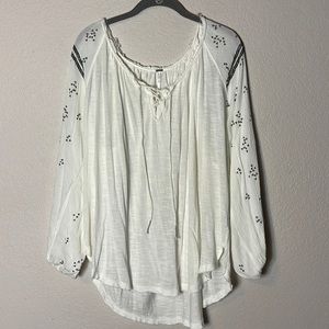 Free People Boho Gauze Raw Edge Drawstring Top With Sequins Size Large